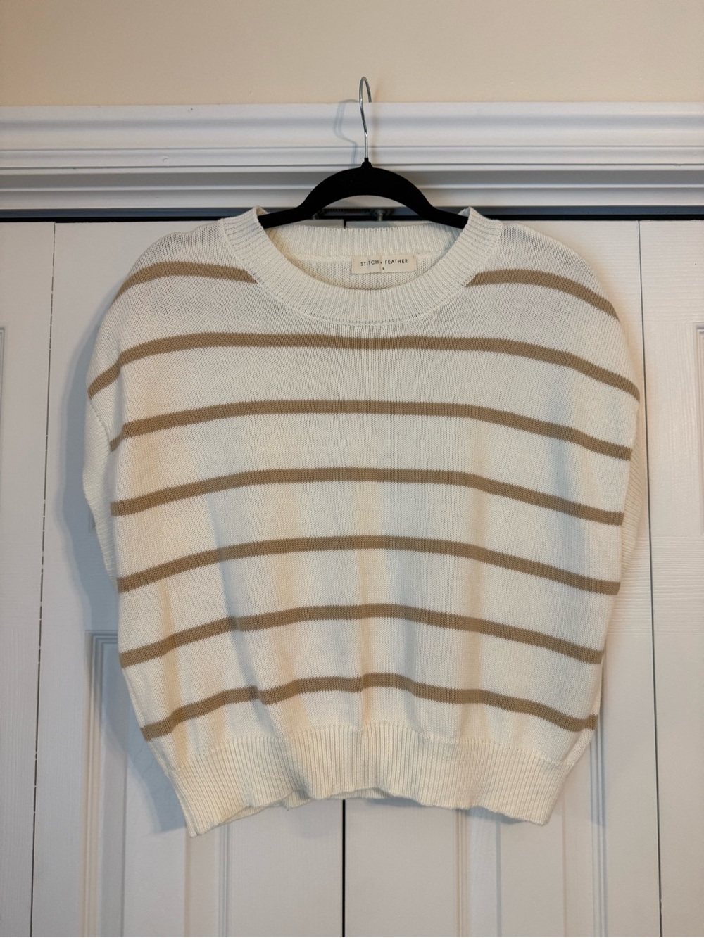 Stitch and Feather White and Tan Striped Crewneck Sweater